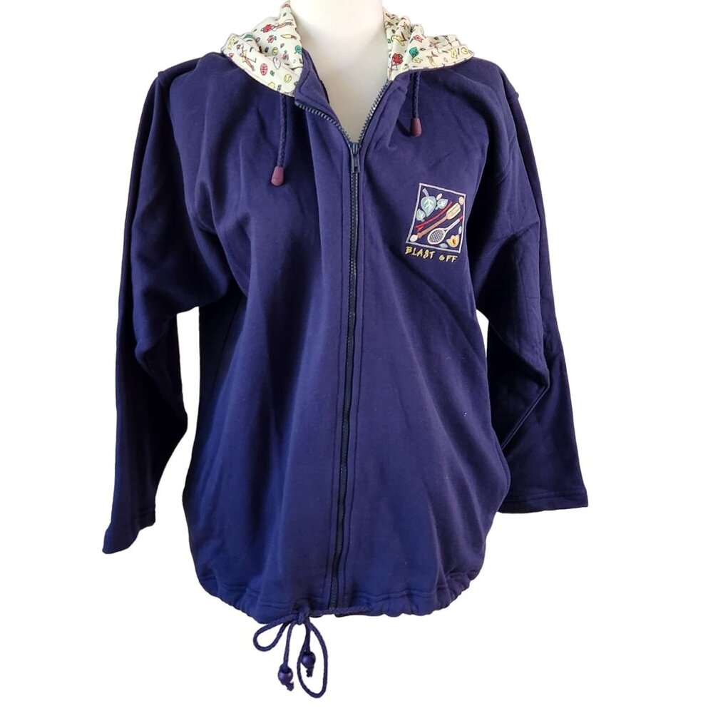 Vintage 80s Sporty Hoodie‎ Sweatshirt Blue Zip Front S/M Deadstock 90s retro